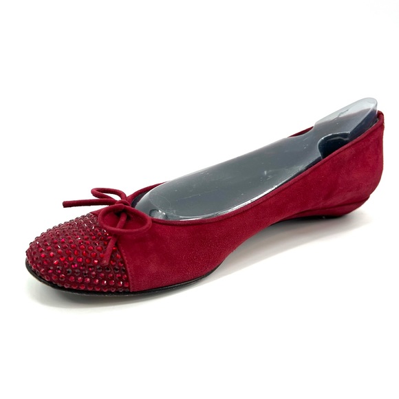 Stuart Weitzman Suede Ballet Flats Sz 8 N Scarlet Bow Rhinestone Bling Slipper - Picture 12 of 12